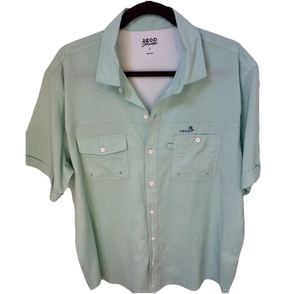 IZOD Saltwater L Teal Blue Short Sleeve Button-Up Shirt Coastal Casual Soft